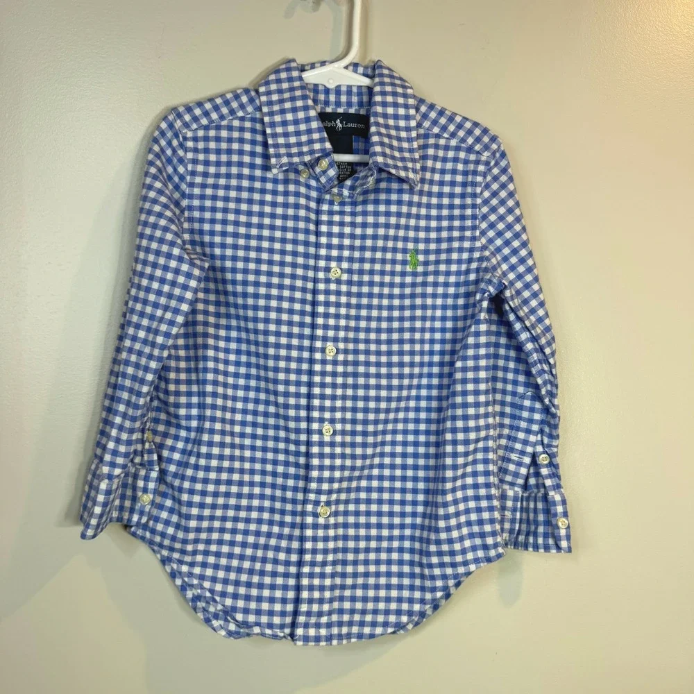 Ralph Lauren Long Sleeve Button Down Shirt Kids Size 4 Blue Gingham Check Preppy